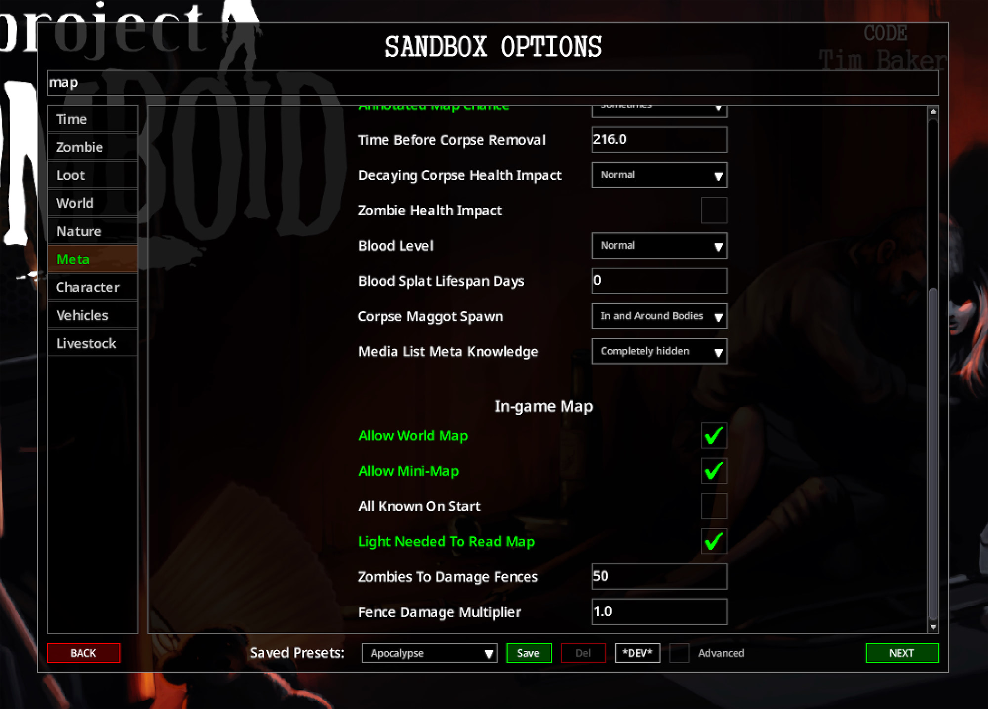 Sandbox settings menu showing the 'Allow Mini-Map' checkbox option