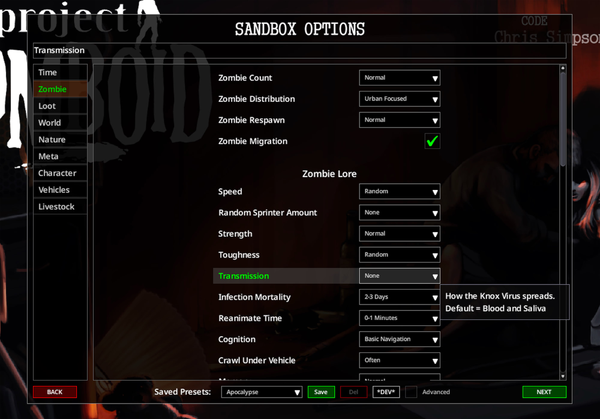 Sandbox 'Zombie Lore' options screenshot