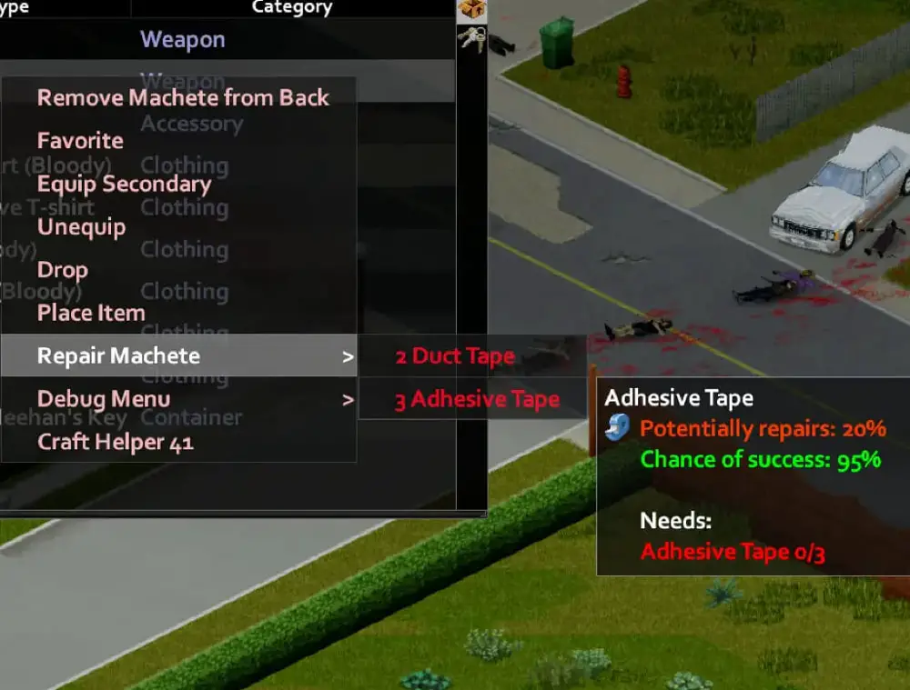 Build 41 repair menu for a Machete showing options to use Duct Tape or Adhesive Tape, with each's potential repair % and success chance.