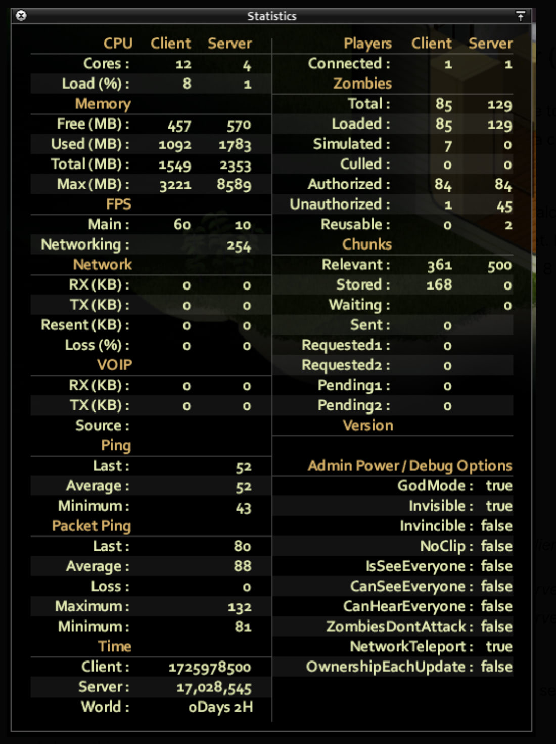 Project Zomboid server statistics panel showing memory usage (client vs server RAM) in MB