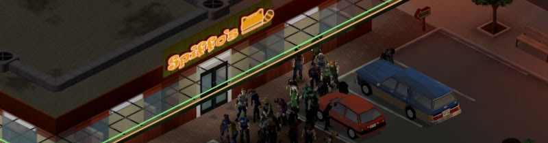A horde of zombies swarms outside a Spiffo's restaurant at night – default apocalypse settings can be overwhelming.