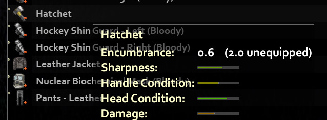 Build 42 weapon info panel showing a hatchet's Sharpness, Handle Condition, Head Condition, and Damage bars.